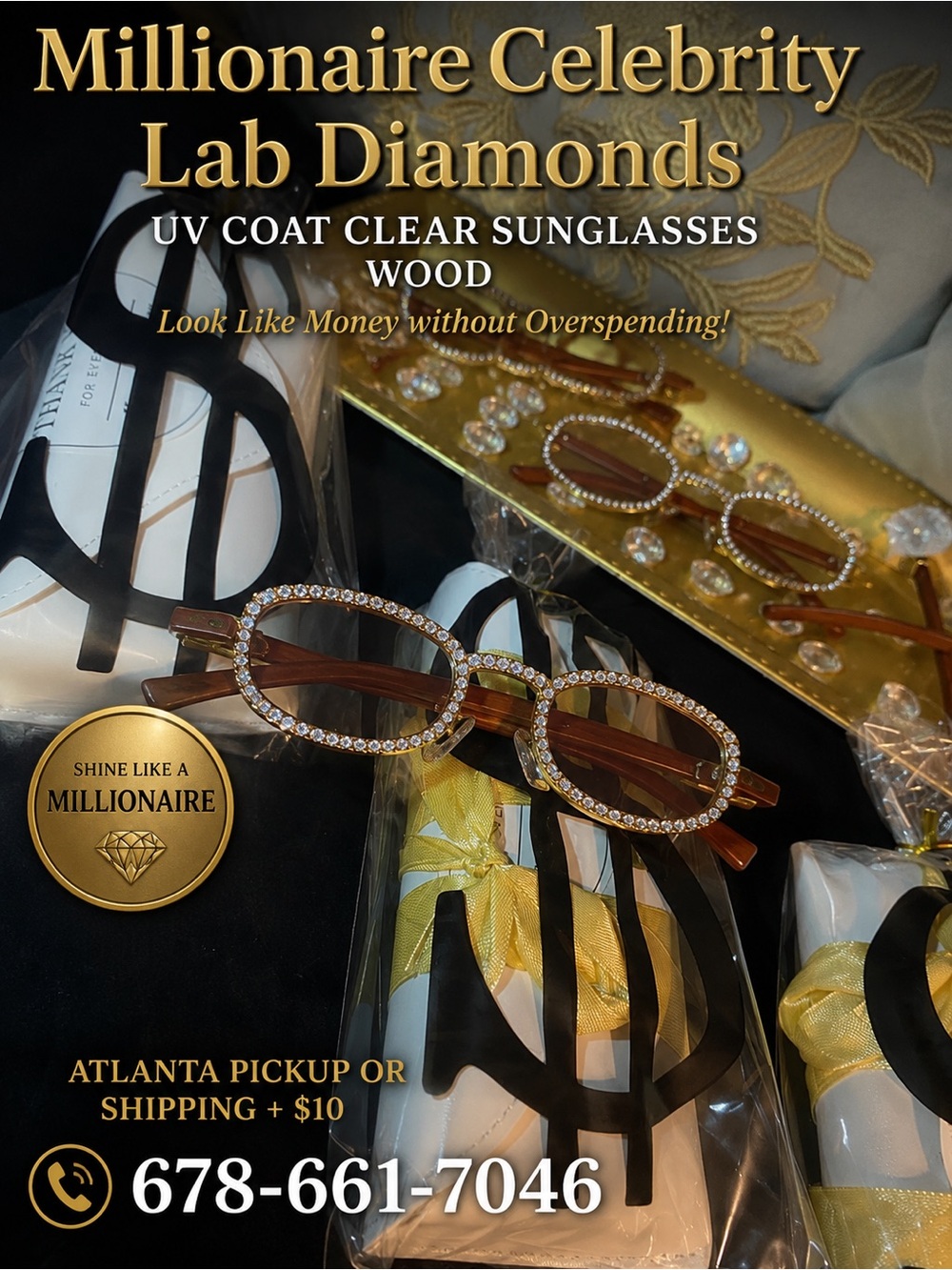 Millionaire Celebrity Lab Stones UV coat clear sunglasses wood. Look Like Money